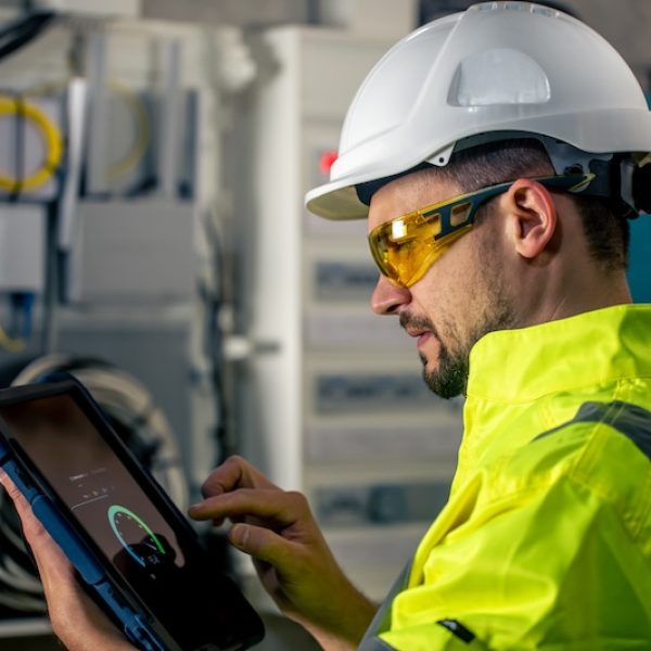 Man, an electrical technician working in a switchboard with fuses. Installation and connection of electrical equipment.